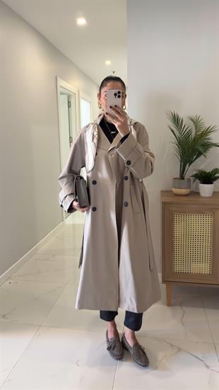 Anastas Açık Haki Fularlı Uzun Premium Trençkot