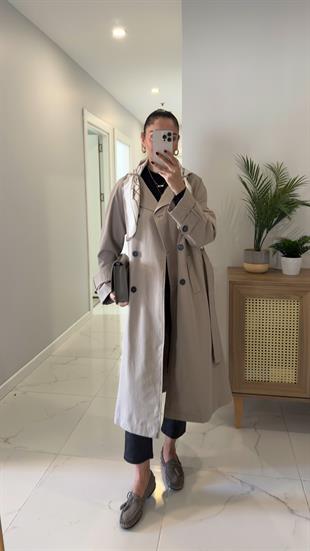 Anastas Açık Haki Fularlı Uzun Premium Trençkot