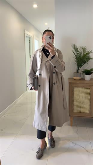 Anastas Açık Haki Fularlı Uzun Premium Trençkot