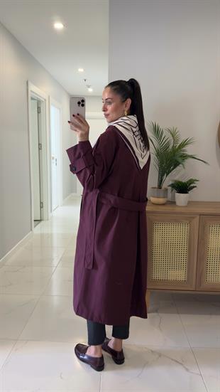 Anastas Bordo Fularlı Uzun Premium Trençkot