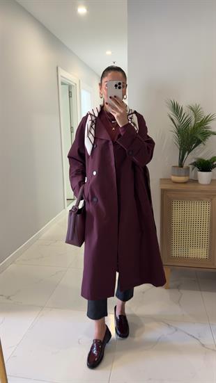 Anastas Bordo Fularlı Uzun Premium Trençkot