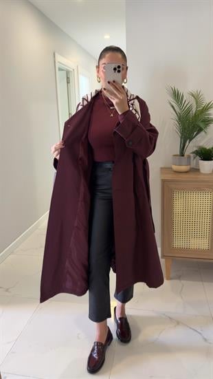 Anastas Bordo Fularlı Uzun Premium Trençkot
