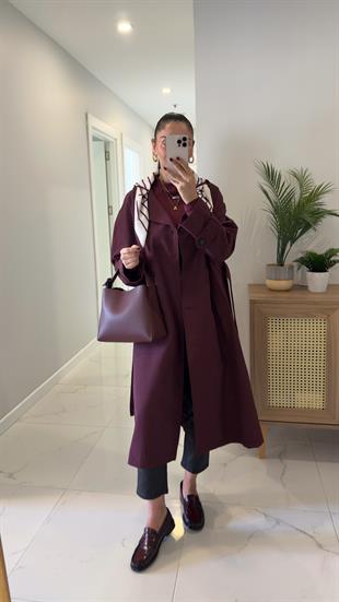 Anastas Bordo Fularlı Uzun Premium Trençkot