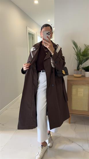 Anastas Kahve Fularlı Uzun Premium Trençkot