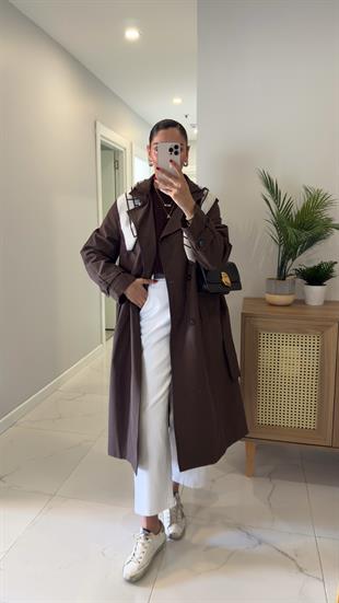 Anastas Kahve Fularlı Uzun Premium Trençkot