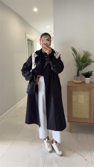 Anastas Siyah Fularlı Uzun Premium Trençkot