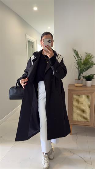 Anastas Siyah Fularlı Uzun Premium Trençkot