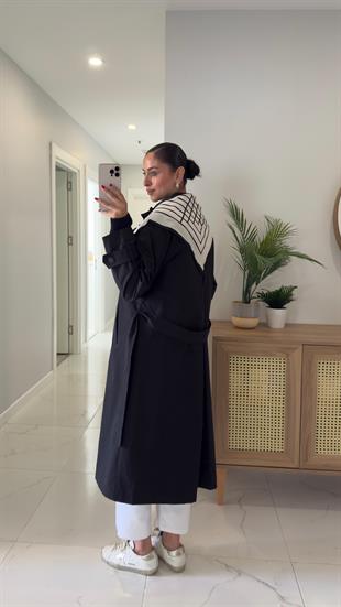 Anastas Siyah Fularlı Uzun Premium Trençkot