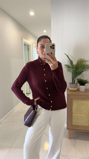 Anwera Bordo Gold Düğme Detaylı Hırka