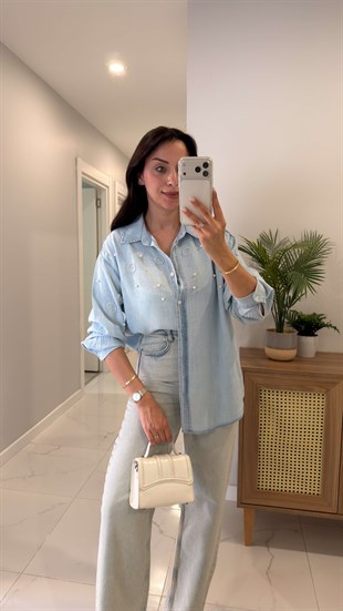 Asilla Buz Mavi İnci Taş İşlemeli Tensel Gömlek