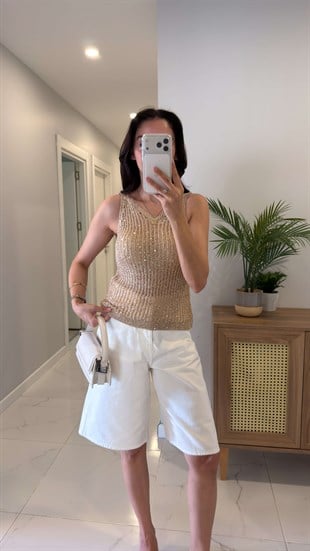 Ayazla Bej Ajurlu Kolsuz Pullu Bluz