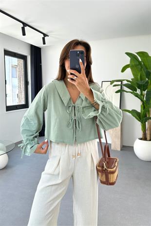 Enika Mint Yeşili Keten Önü Bağlamalı Bluz