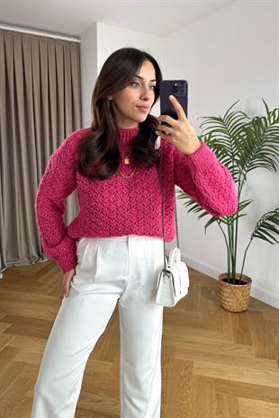 Torent Fuşya Dik Yaka Örme Triko
