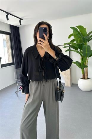 Enika Siyah Keten Önü Bağlamalı Bluz