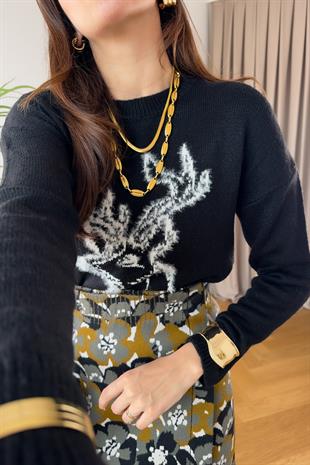 Siyah Deer İşlemeli Triko