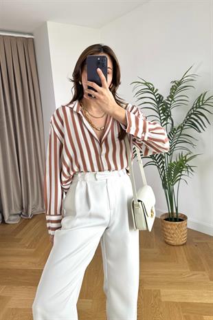 Kiremit Çizgili V Yaka Gömlek