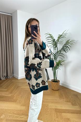 Wensy Ekru Çiçek Detaylı Hırka