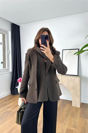 Fasone Acı Kahve Şal Detaylı Blazer Ceket