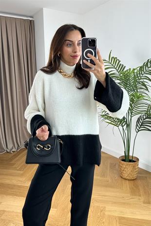 Rina Ekru Çift Renk Kol Detaylı Triko