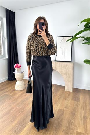 Shely Siyah Beli Lastikli Maxi Boy Saten Etek