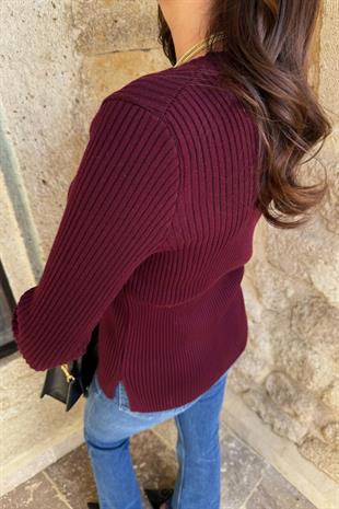 Bordo Bisiklet Yaka Yırtmaç Detaylı Triko