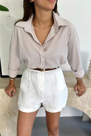 Lenora Beyaz Kahve Çizgili Keten Gömlek