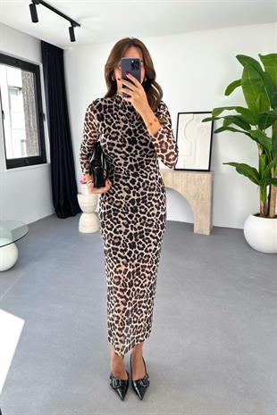 Fiste Leopar Desenli İç Astarlı Elbise