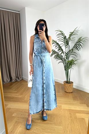ZR Mavi Yıkamalı Denim Kuşaklı Elbise