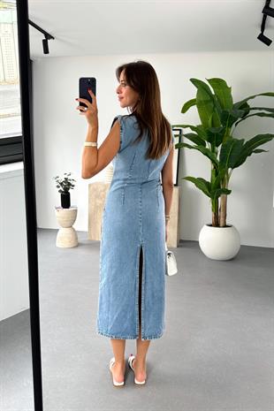 Dens Mavi Fermuar-Yırtmaç Detaylı Denim Elbise
