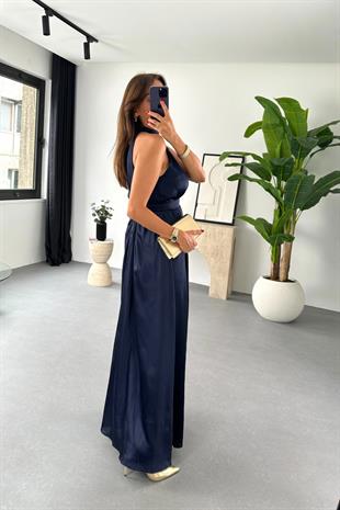 Shela Lacivert Halter Yaka Yırtmaç Detaylı Elbise