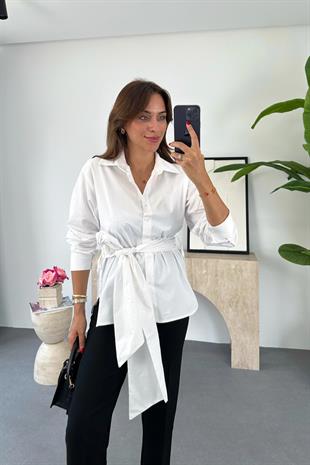 Serya Beyaz Kuşaklı Gömlek