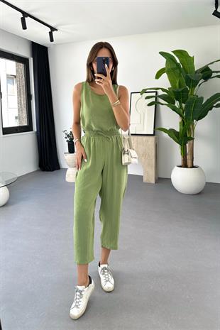 Mona Çağla Yeşili Beli Bağlamalı Bluz Pantolon Takım