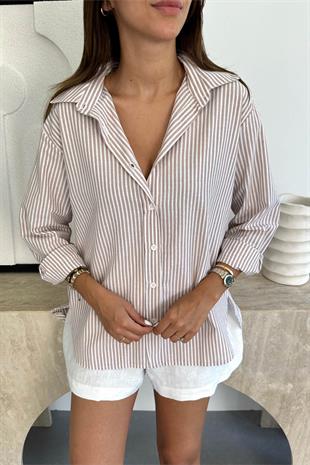 Lenora Beyaz Kahve Çizgili Keten Gömlek