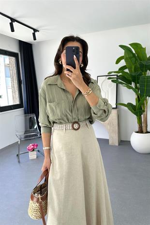 Denta Yağ Yeşili Kendinden Çizgili Gömlek