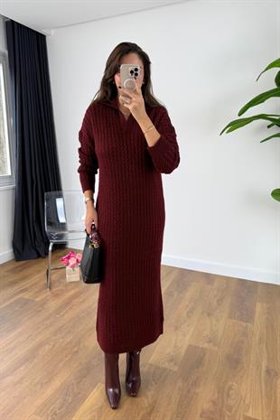 Baggy Bordo Yaka Detaylı Örmeli Triko Elbise
