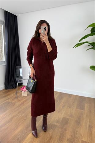 Baggy Bordo Yaka Detaylı Örmeli Triko Elbise