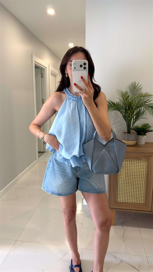 Balle Mavi Fırfırlı Bluz