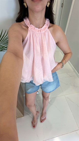 Balle Pembe Fırfırlı Bluz