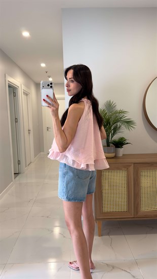 Balle Pembe Fırfırlı Bluz