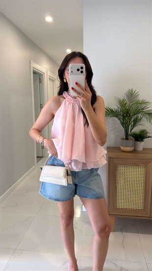 Balle Pembe Fırfırlı Bluz