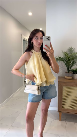 Balle Sarı Fırfırlı Bluz