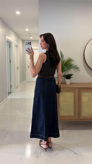 Barkes Lacivert Kemer Detaylı Denim Etek