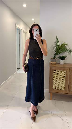 Barkes Lacivert Kemer Detaylı Denim Etek