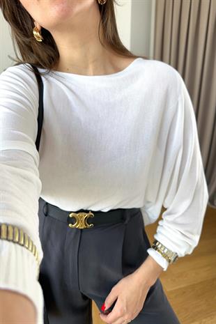Kırık Beyaz Kayık Yaka Bluz