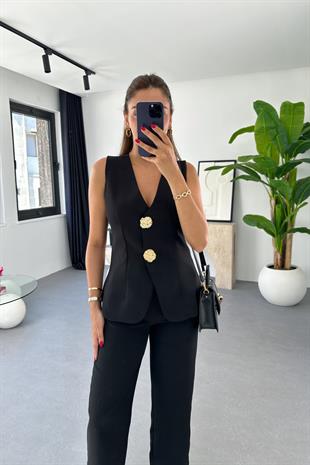 Pares Siyah Gold Düğme Detaylı Yelek Pantolon Takım