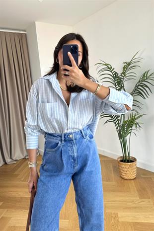 ZR Mavi Çizgili Keten Gömlek