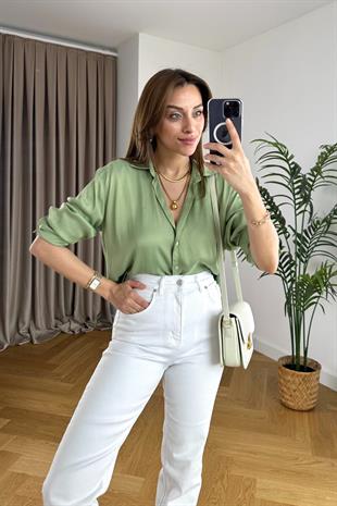 Orwell Yağ Yeşili Saten Gömlek