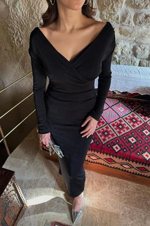 Lina Siyah Kruvaze Yaka Elbise