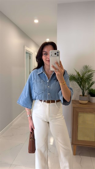 Bedirra Mavi Cep Detaylı Crop Denim Gömlek