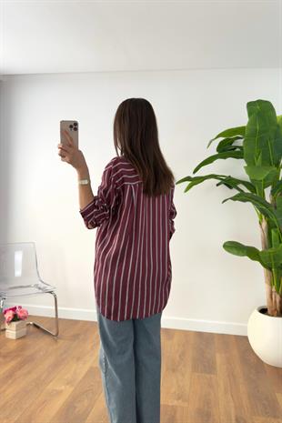 Belane Bordo Mavi Çizgi Detaylı Gömlek